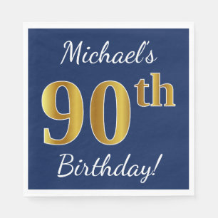 Servilleta De Papel Blue, Faux Gold 90th Birthday + Custom Name