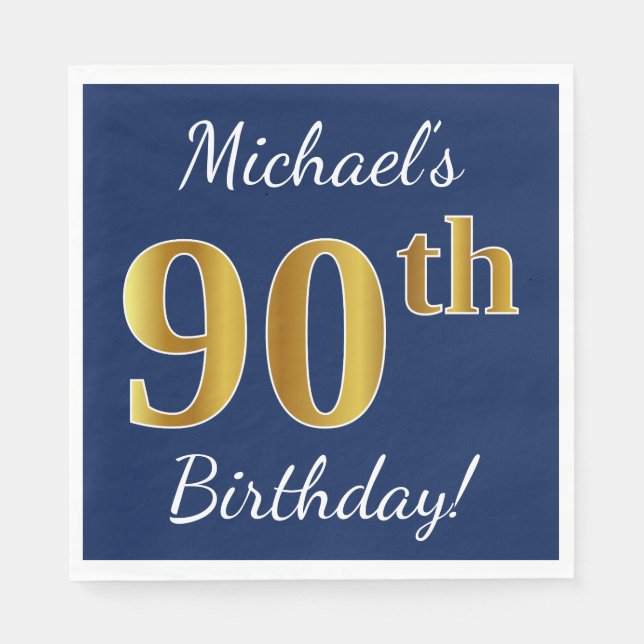 Servilleta De Papel Blue, Faux Gold 90th Birthday + Custom Name (Anverso)
