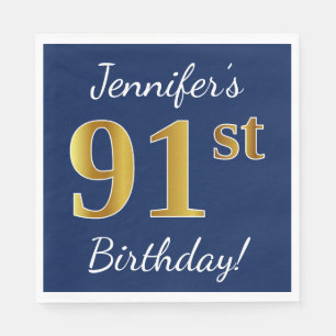Servilleta De Papel Blue, Faux Gold 91st Birthday + Nombre personaliza