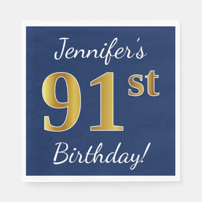 Servilleta De Papel Blue, Faux Gold 91st Birthday + Nombre personaliza (Anverso)
