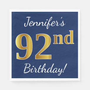 Servilleta De Papel Blue, Faux Gold 92nd Birthday + Nombre personaliza