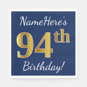 Servilleta De Papel Blue, Faux Gold 94th Birthday + Custom Name