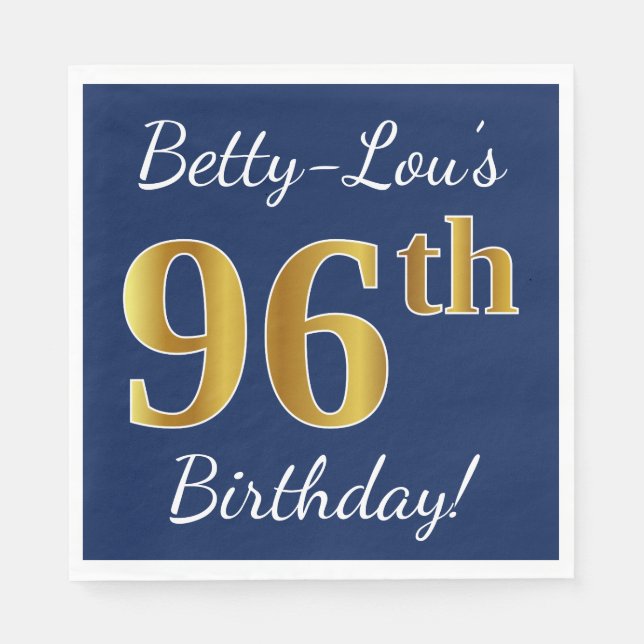 Servilleta De Papel Blue, Faux Gold 96th Birthday + Custom Name (Anverso)