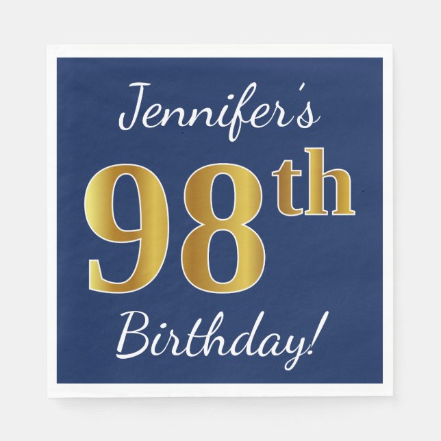 Servilleta De Papel Blue, Faux Gold 98th Birthday + Custom Name (Anverso)