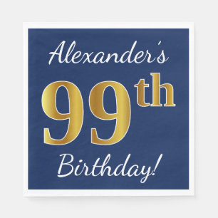 Servilleta De Papel Blue, Faux Gold 99th Birthday + Custom Name