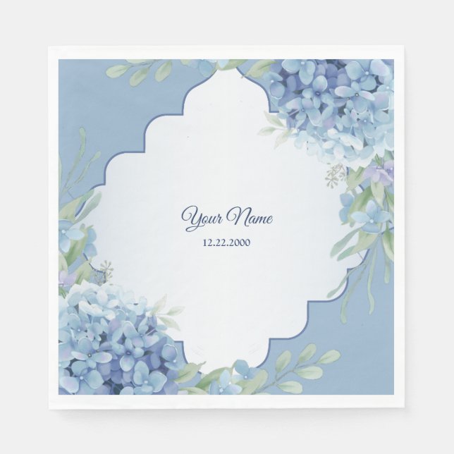 Servilleta De Papel Blue Floral Green Leaves Frame Wedding Party (Anverso)