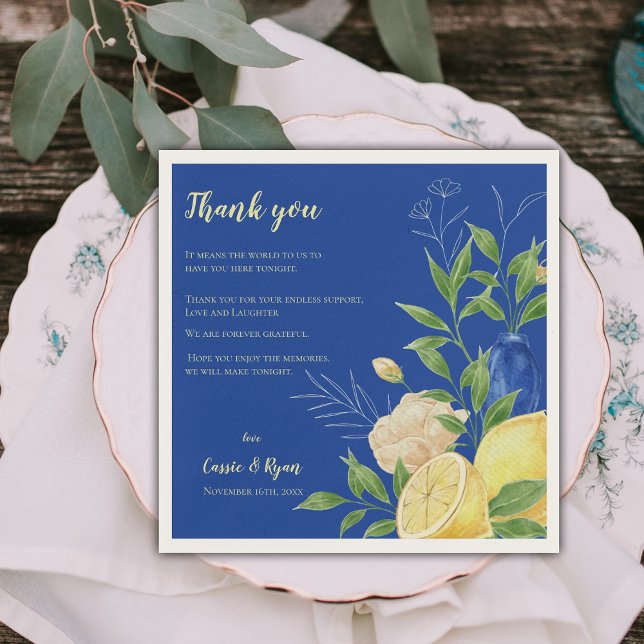 Servilleta De Papel Blue Floral Lemon Wedding Party Gracias Mensaje (Blue Floral Lemon Wedding Party Thank You Message Napkins)