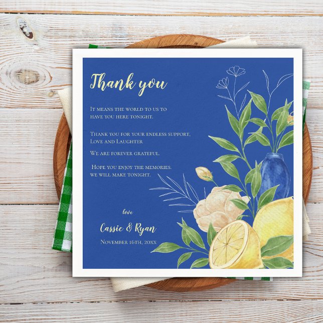 Servilleta De Papel Blue Floral Lemon Wedding Party Gracias Mensaje (Blue Floral Lemon Wedding Party Thank You Message Napkins)