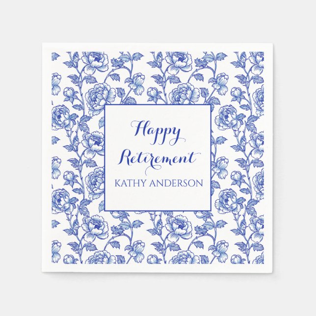 Servilleta De Papel Blue Floral Retirement Party (Anverso)