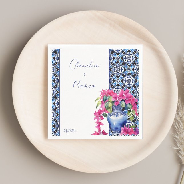 Servilleta De Papel Blue French Tiles Bougainvillea boda elegante (Blue French Tiles Bougainvillea elegant wedding printed Napkins template personalized tableware deco)