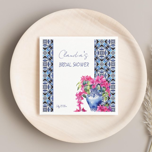 Servilleta De Papel Blue French Tiles Bougainvillea novia ducha (Blue French Mediterranean Tiles Bougainvillea ceramic vase bridal shower printed Napkins table decor)