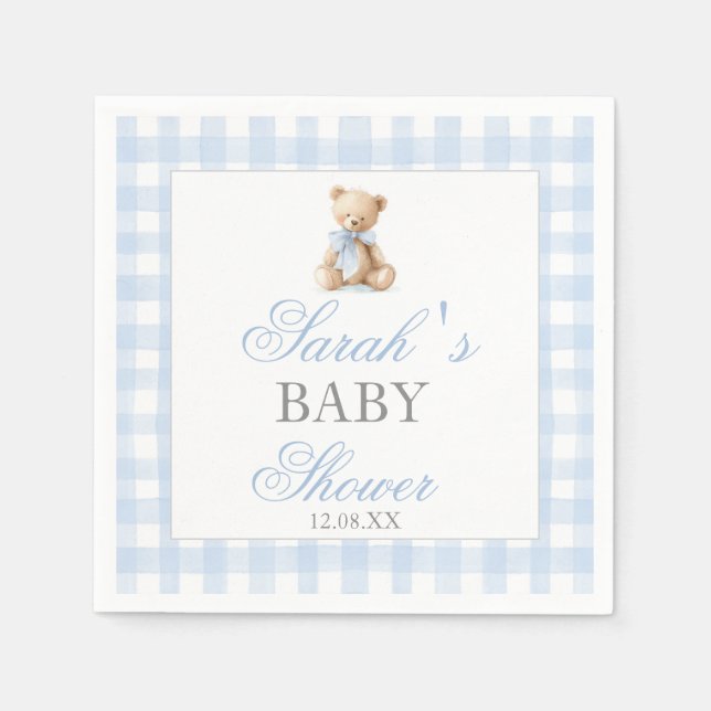 Servilleta De Papel Blue Gingham Bear Baby Shower (Anverso)