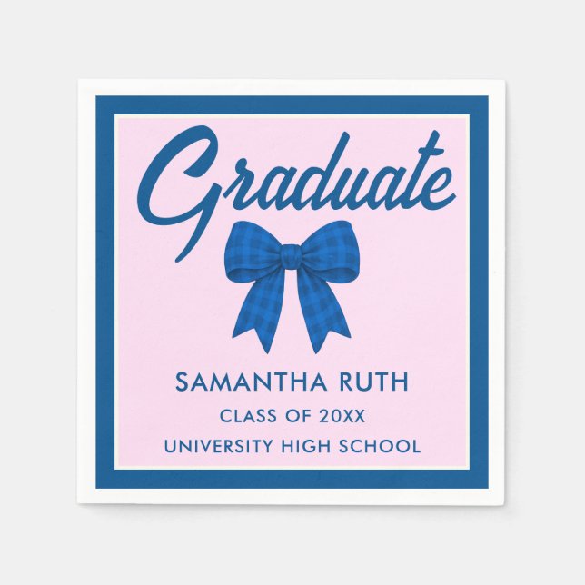 Servilleta De Papel Blue Gingham Bow Graduation Party (Anverso)