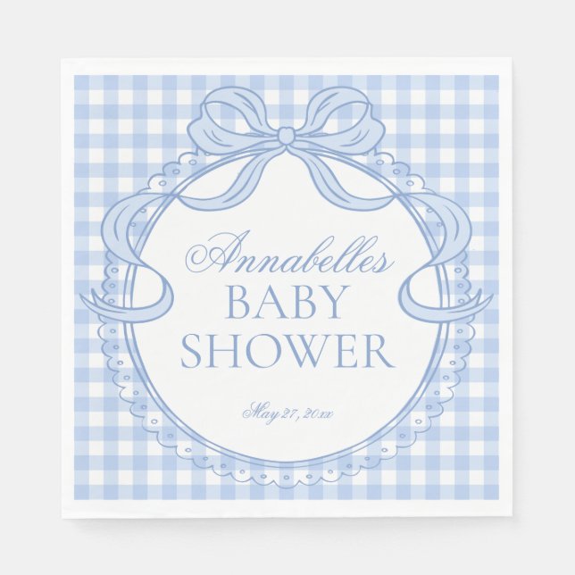 Servilleta De Papel Blue Gingham Coquette Bow Baby Shower Dessert (Anverso)