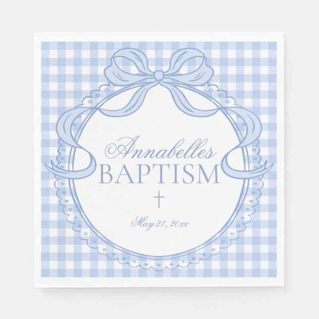 Servilleta De Papel Blue Gingham Coquette Bow Baptism Table Decor (Anverso)