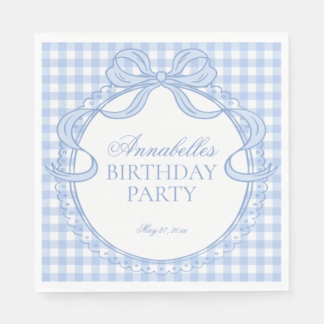 Servilleta De Papel Blue Gingham Coquette Bow Birthday Party Dessert (Anverso)