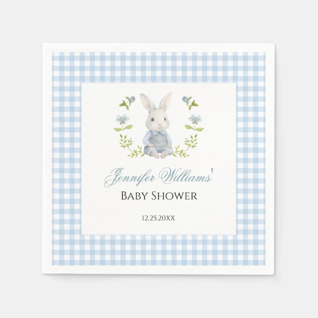 Servilleta De Papel Blue Gingham Little Bunny Spring Baby Shower (Anverso)