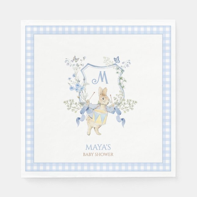 Servilleta De Papel Blue Gingham Peter the Rabbit Monograma Baby Showe (Anverso)
