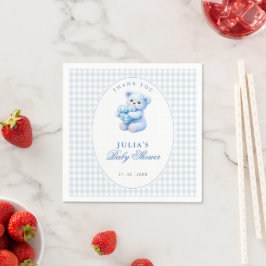 Servilleta De Papel Blue Gingham Teddy Bear Neutral Baby Shower