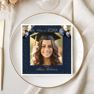 Servilleta De Papel Blue Gold Balloon Glitter Graduation Party Photo