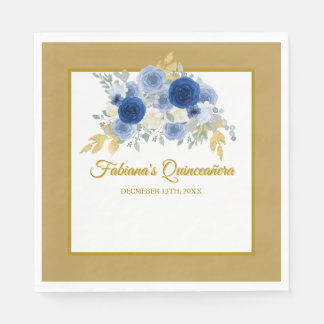 Servilleta De Papel Blue & Gold Floral Quinceañera Napkins