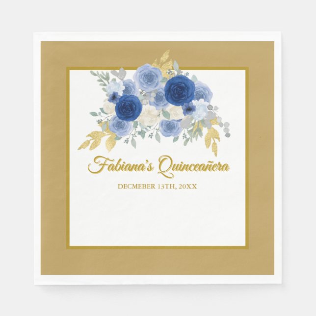 Servilleta De Papel Blue & Gold Floral Quinceañera Napkins (Anverso)
