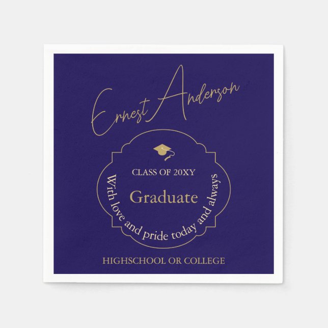 Servilleta De Papel Blue Gold Modern Elegant Graduate Party (Anverso)