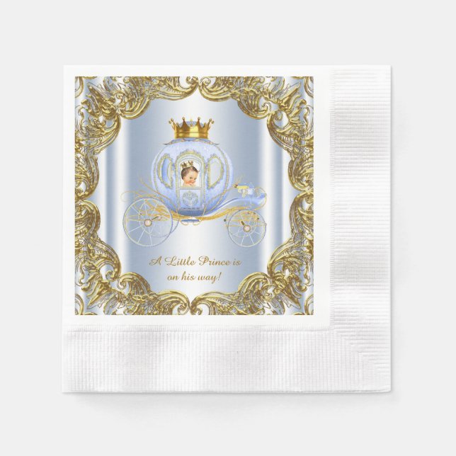 Servilleta De Papel Blue Gold Prince Carriage Prince Baby Shower (Anverso)