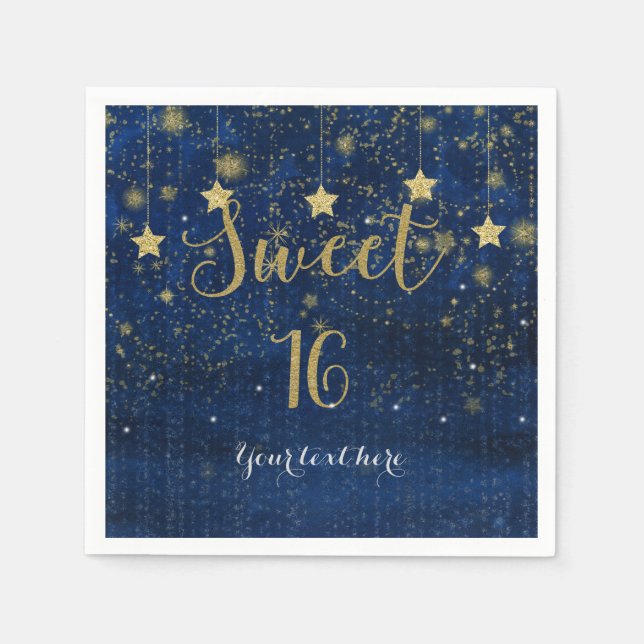 Servilleta De Papel Blue & Gold Starry Celestial Sky Sweet 16 Fiesta (Anverso)