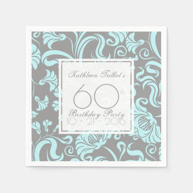Servilleta De Papel Blue Gray Floral 60th Birthday Party Paper Napkin (Anverso)