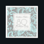 Servilleta De Papel Blue Gray Floral 80th Birthday Party Paper Napkin<br><div class="desc">Bonito y elegante patrón vintage de flores turquesa en el fondo gris. Sofisticada y femenina servilleta de papel de cumpleaños número 80 con formas cuadradas transparentes para los textos. Todo es personalizable: puede cambiar fácilmente el texto (fuente, color, tamaño y posición) y el diseño (tamaño y posición) haciendo clic en...</div>