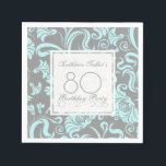 Servilleta De Papel Blue Gray Floral 80th Birthday Party Paper Napkin<br><div class="desc">Bonito y elegante patrón vintage de flores turquesa en el fondo gris. Sofisticada y femenina servilleta de papel de cumpleaños número 80 con formas cuadradas transparentes para los textos. Todo es personalizable: puede cambiar fácilmente el texto (fuente, color, tamaño y posición) y el diseño (tamaño y posición) haciendo clic en...</div>
