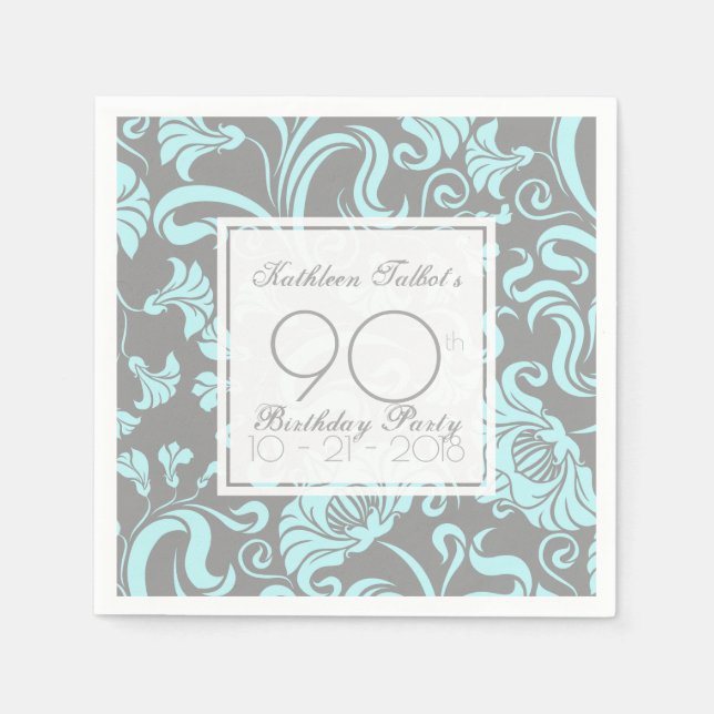 Servilleta De Papel Blue Gray Floral 90th Birthday Party Paper Napkin (Anverso)