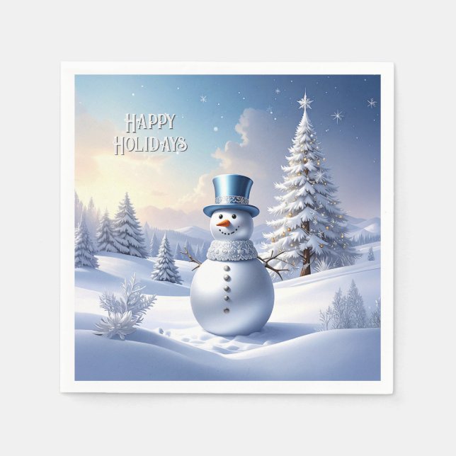 Servilleta De Papel Blue Hat Snowman Christmas Tree Holiday Napkin (Anverso)