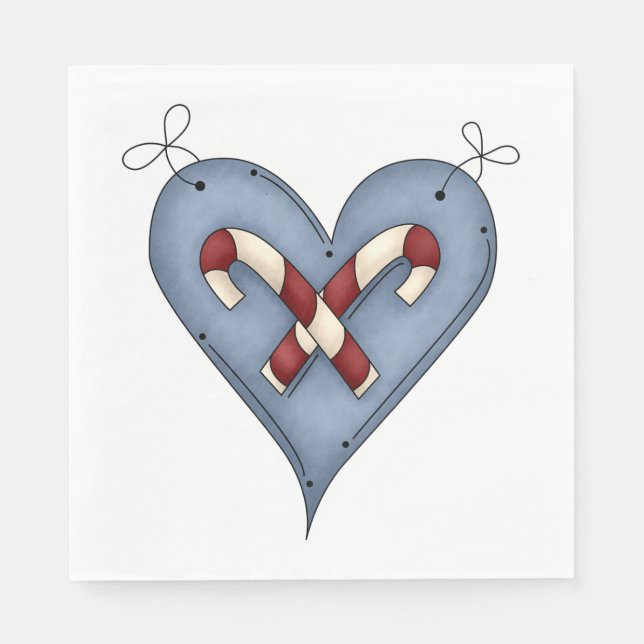 Servilleta De Papel Blue Heart with Candy Canes Country Christmas (Anverso)