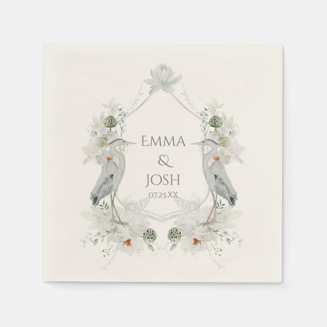 Servilleta De Papel Blue Heron Waterfowl Boda Eéreo Floral Blanca (Anverso)
