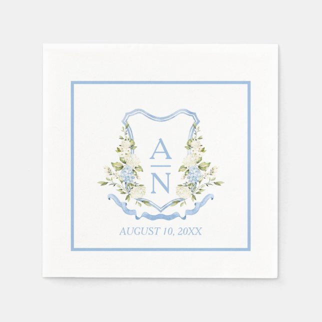 Servilleta De Papel Blue Hydrangea Crest Monogram Simple (Anverso)