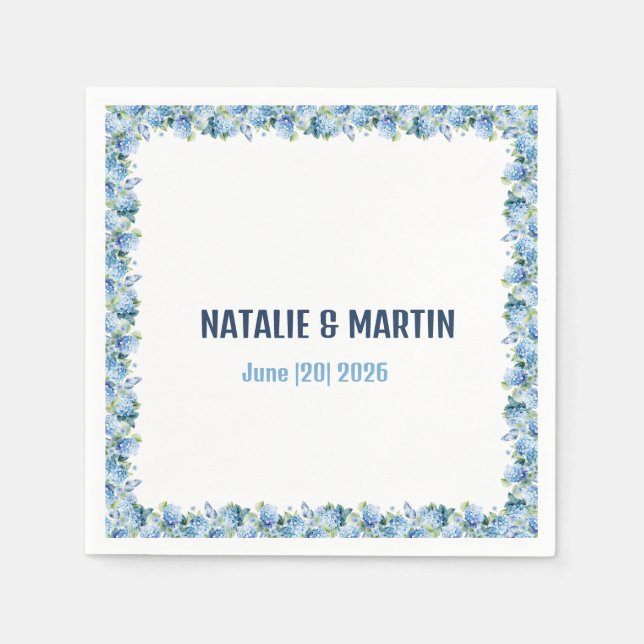 Servilleta De Papel Blue Hydrangea Floral Border Wedding Personalized (Anverso)