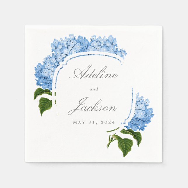 Servilleta De Papel Blue Hydrangea Flower Names and Boda Date (Anverso)