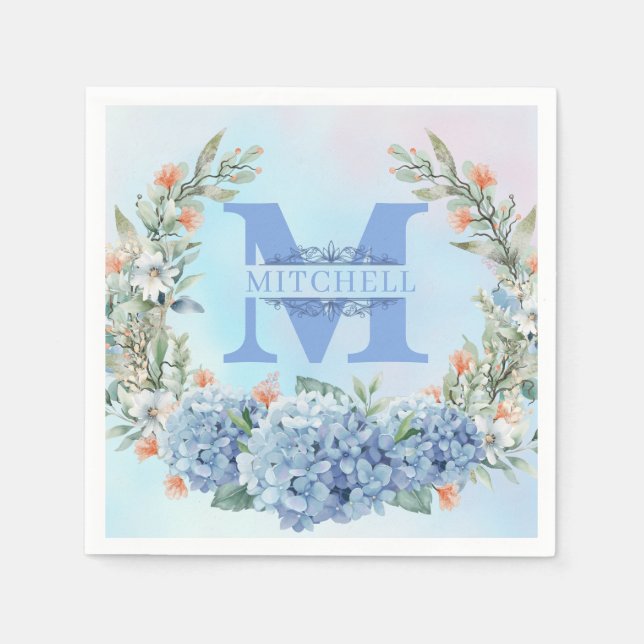 Servilleta De Papel Blue Hydrangea Monograma Papel Napkin (Anverso)