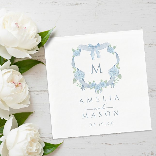 Servilleta De Papel Blue Hydrangea Watercolor Monogram Crest Wedding (Blue Hydrangea Watercolor Monogram Crest Wedding Napkins)
