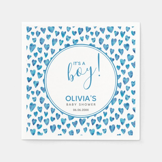 Servilleta De Papel Blue It's A Boy Heart Baby Shower (Anverso)