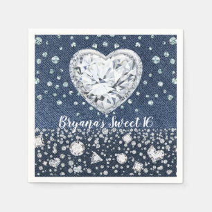 Servilleta De Papel Blue Jean Denim & Diamonds Bling Diamond Heart