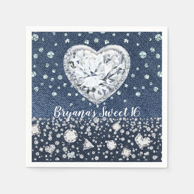 Servilleta De Papel Blue Jean Denim & Diamonds Bling Diamond Heart (Anverso)