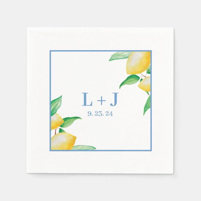 Servilleta De Papel Blue Mediterranean Watercolor Lemon Boda (Anverso)