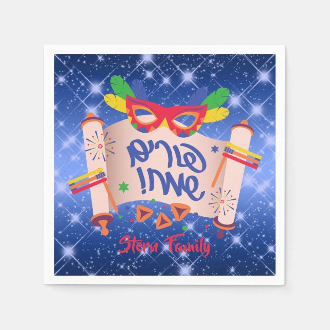 Servilleta De Papel Blue Megillah Hamantash Grogger Happy Purim (Anverso)