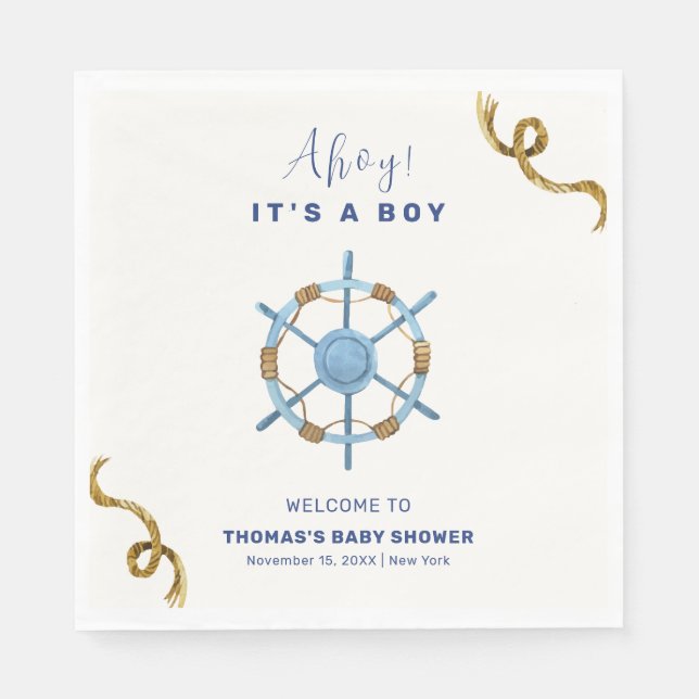 Servilleta De Papel Blue Modern Ahoy Nautical Boy Baby Shower (Anverso)