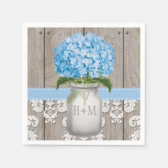Servilleta De Papel Blue Monogrammed Hydrangea Mason Jar (Anverso)