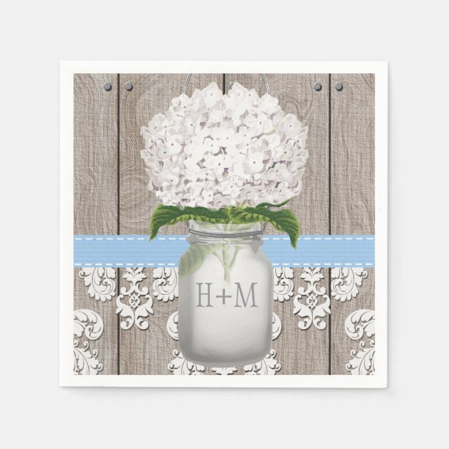 Servilleta De Papel Blue Monogrammed Hydrangea Mason Jar (Anverso)
