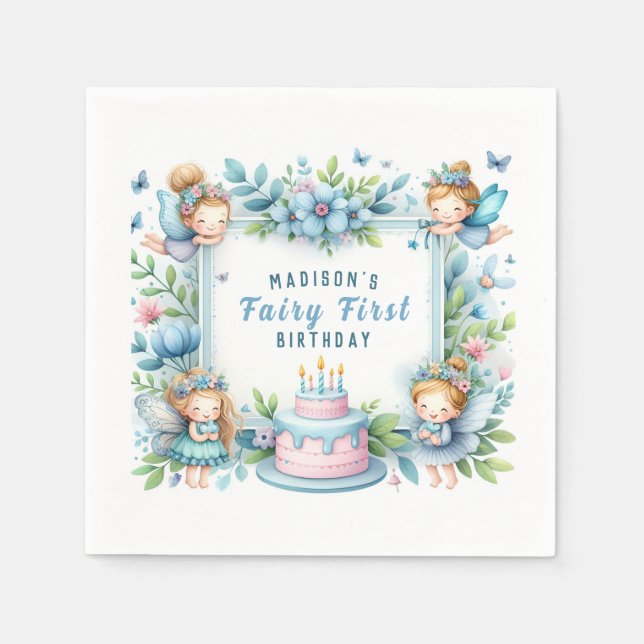 Servilleta De Papel Blue Pastel Floral Fairy First Birday - (Anverso)